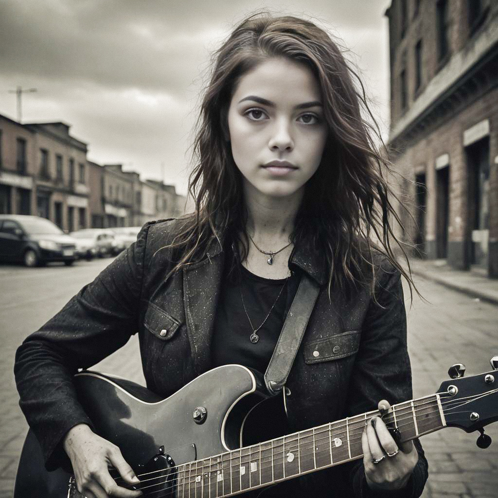 Confident Young Woman with Electric Guitar in Urban Setting