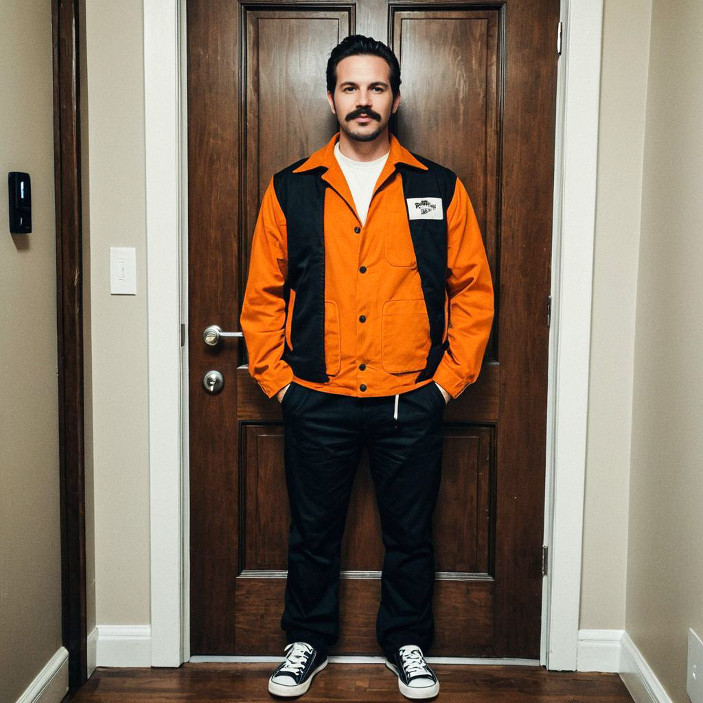 Man in Orange Jacket by Wooden Door Man in Orange Jacket by Wooden Door