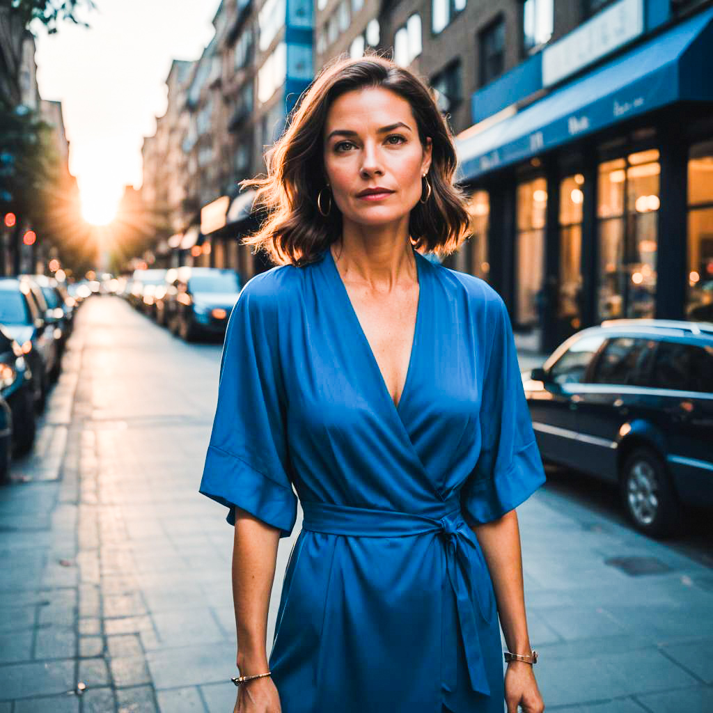 Stylish Woman in Blue Dress at Sunset