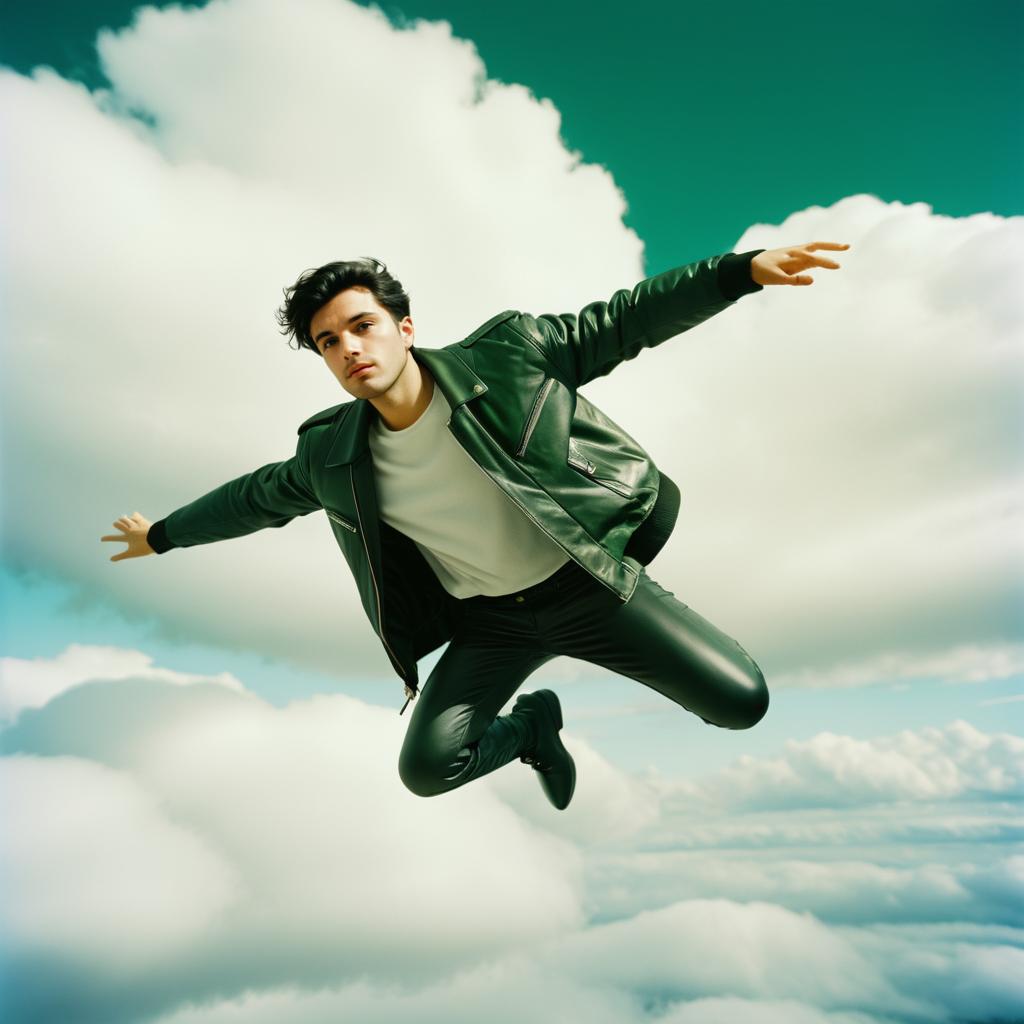 Young Man Soaring in Dreamy Sky