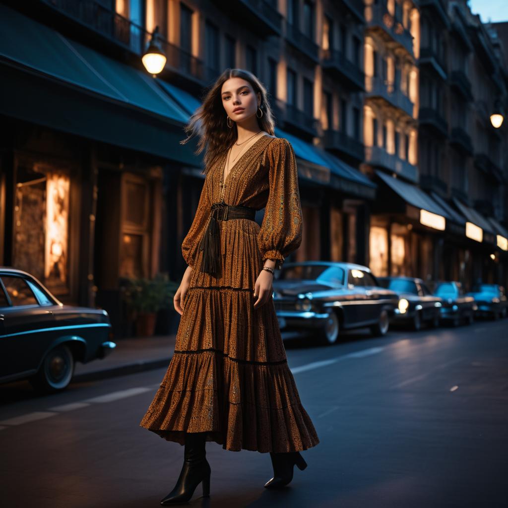 Confident Woman in Vintage Dress on Nostalgic Street