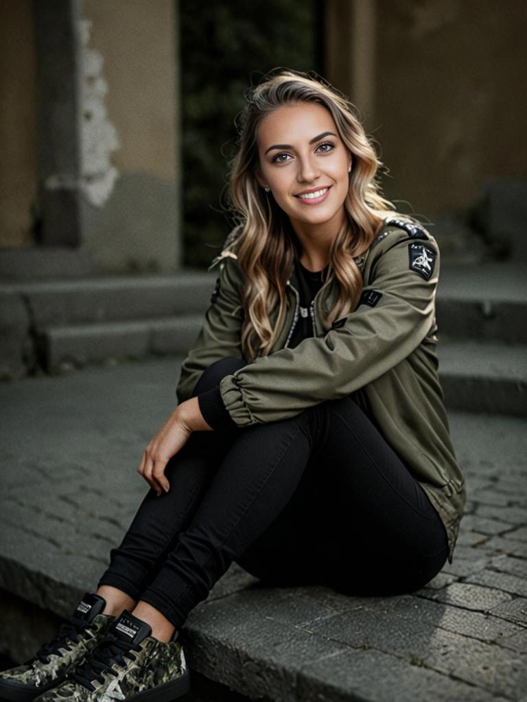 Stylish Young Woman in Olive Bomber Jacket