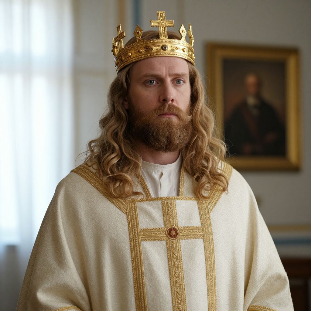 Medieval King in Golden Crown and White Robe