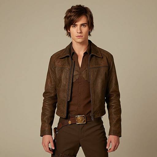 Young Man in Brown Leather Jacket and Vintage Style Outfit