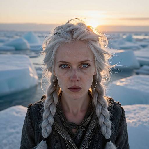 Portrait of Woman with Silver Braided Hair in Icy Landscape at Sunset