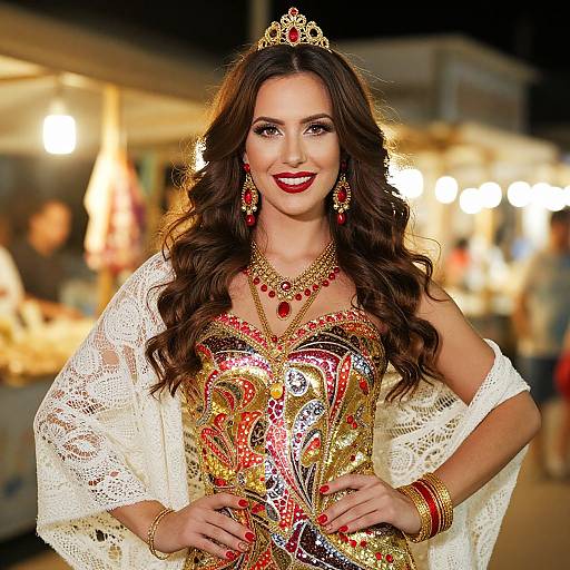 Elegant Woman in Sequined Dress and Jeweled Tiara at Outdoor Night Event