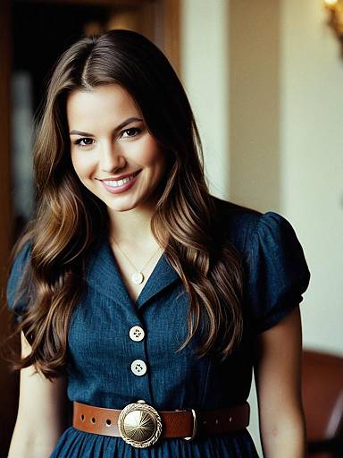 Iconic Woman Smiling Long Brown Hair Belted Dress Classic Style