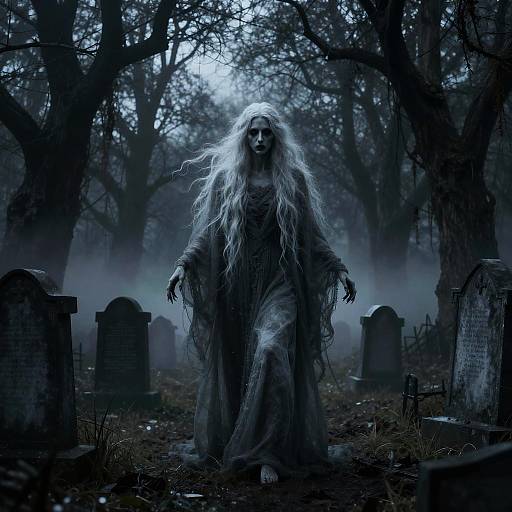 Ghostly Woman in Foggy Gothic Graveyard at Night