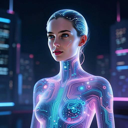 Cyberpunk Woman with Neon Circuitry Digital Portrait