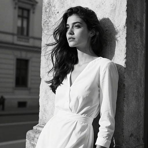 Black and White Portrait of Woman in White Dress Leaning on Stone Pillar