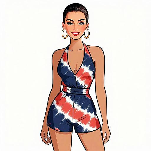 Stylish Woman in Red White Blue Tie-Dye Halter Neck Romper Illustration