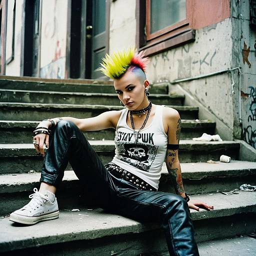 Rebellious Woman with Colorful Mohawk Sitting on Urban Steps in Punk Rock Style