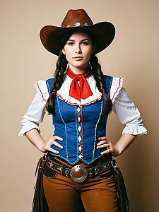 Photorealistic Cowgirl Woman in Western Cosplay Costume Studio Portrait
