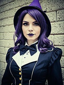 Facilier Female Witch Cosplay with Purple Wig and Bow Tie