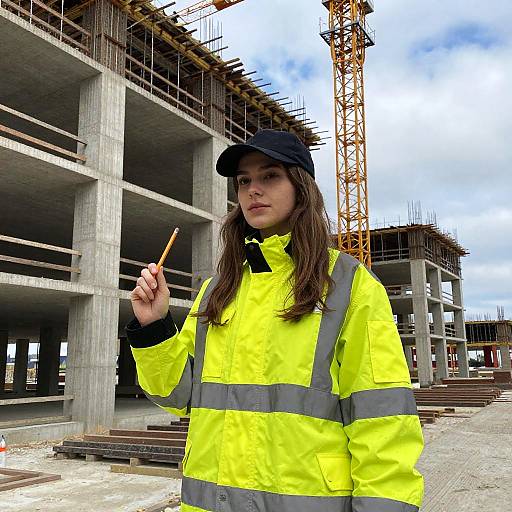Young Woman at Construction Site Wearing Reflective Jacket Holding Pencil