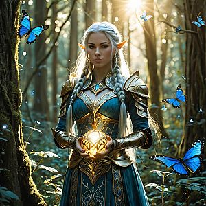 Elven Woman in Fantasy Armor Holding Glowing Orb in Enchanted Forest with Blue Butterflies