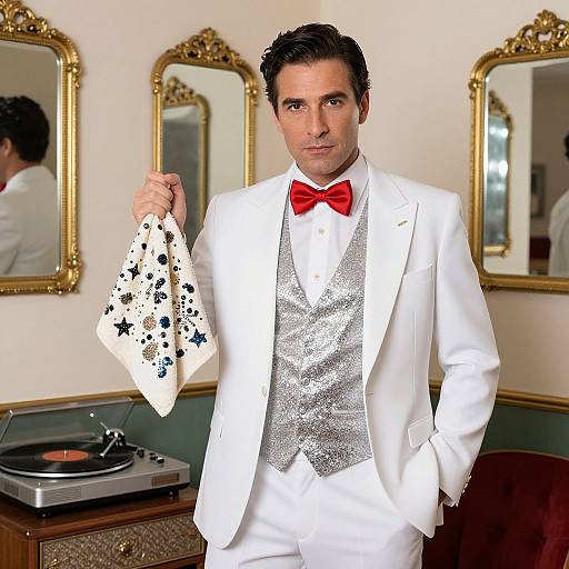 Man in White Tuxedo with Red Bow Tie and Silver Vest Holding Decorated Handkerchief