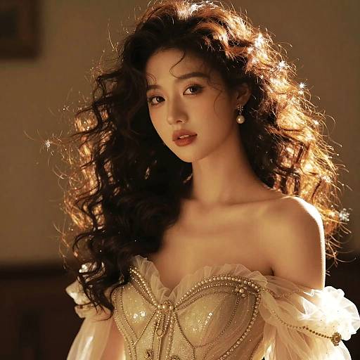 Elegant Woman in Vintage Pearl-Embellished Off-Shoulder Gown with Curly Hair