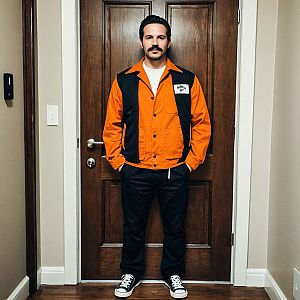 Man in Orange Jacket by Wooden Door