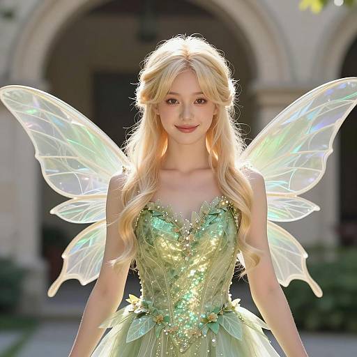 Woman in Green Fairy Costume with Iridescent Wings Outdoors