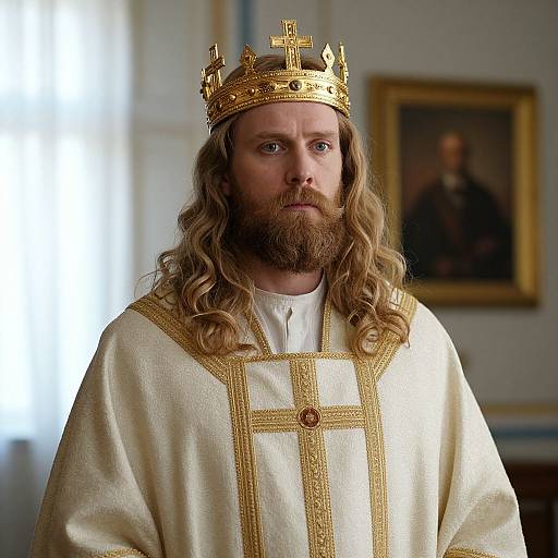 Medieval King in Golden Crown and White Robe
