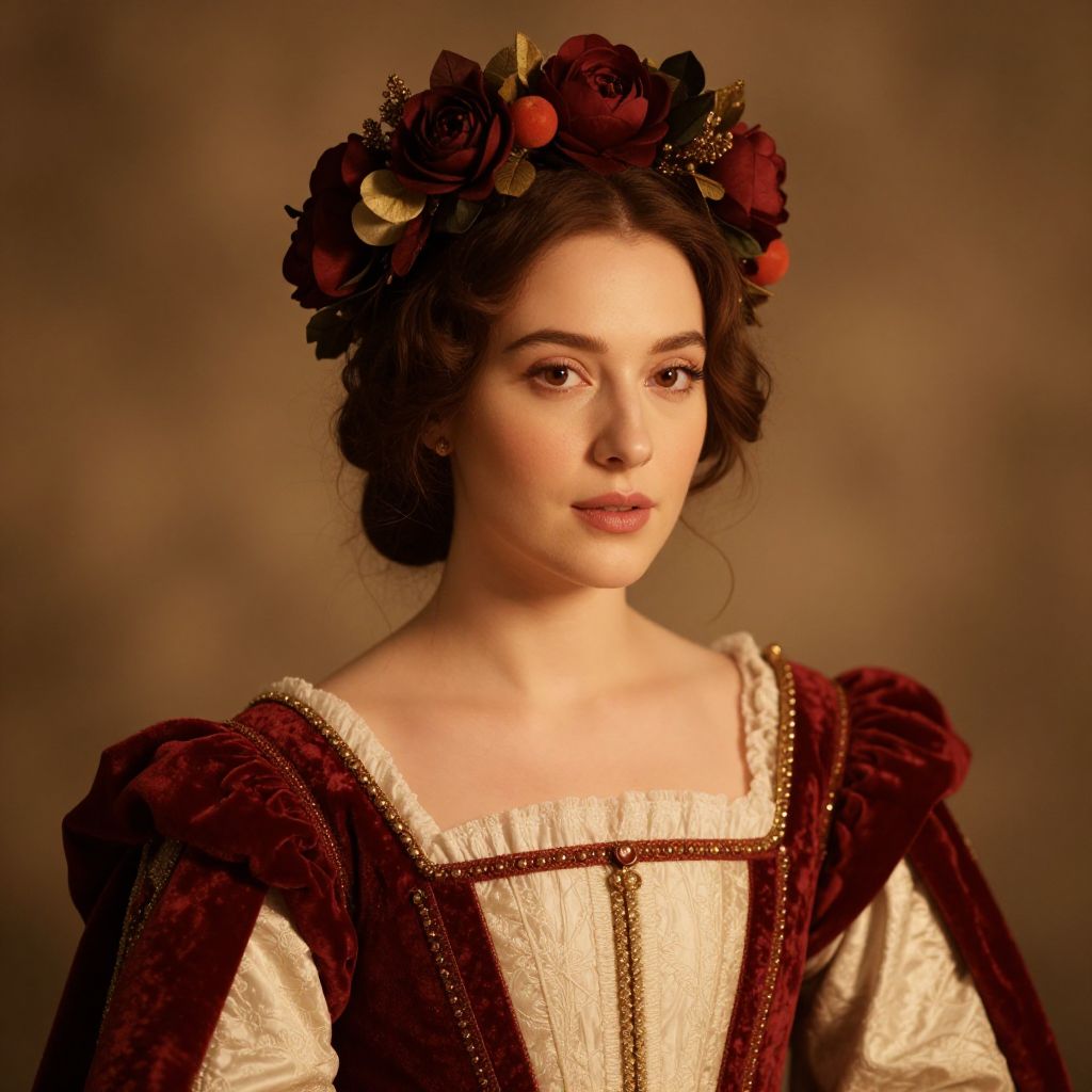 Renaissance Style Woman in Elegant Velvet Gown with Floral Crown