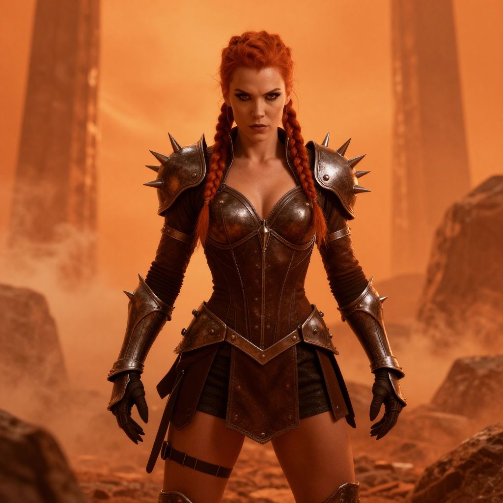 Warrior Woman in Spiked Armor with Red Braids in Desert Landscape