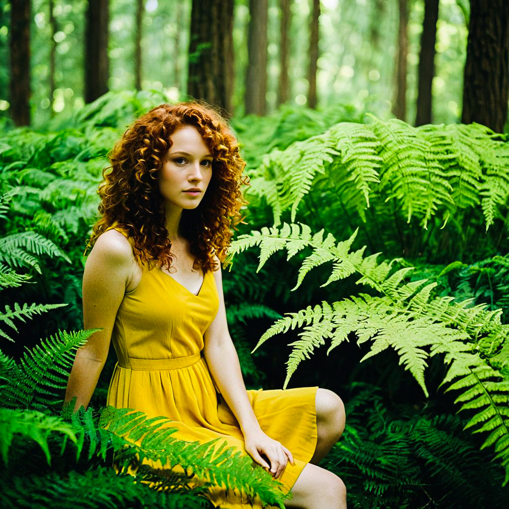 Young Woman in Yellow Dress Among Green Ferns Young Woman in Yellow Dress Among Green Ferns