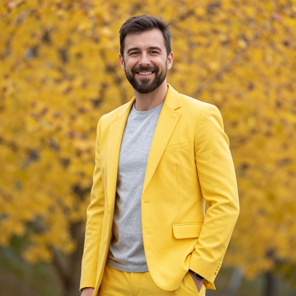 Man in Yellow Suit Smiling Outdoors with Autumn Leaves Background