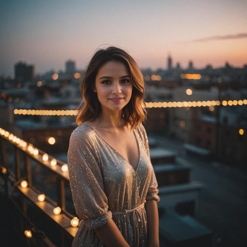 Woman with Mesmerizing Smile on Twilight Balcony