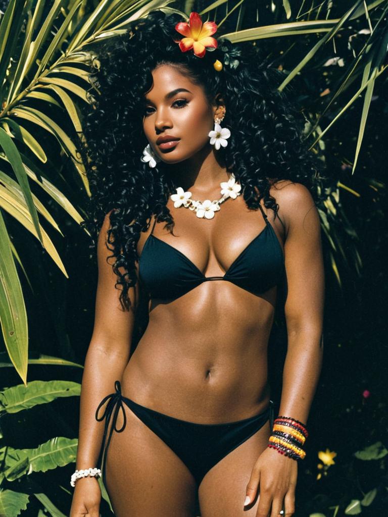 Euphoria Cassie Inspired Dark Skinned Woman in Black Bikini with Tropical Flowers