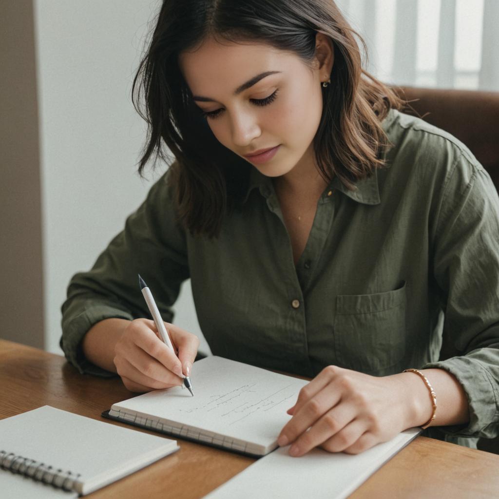 Focused Woman Writing in Notebook