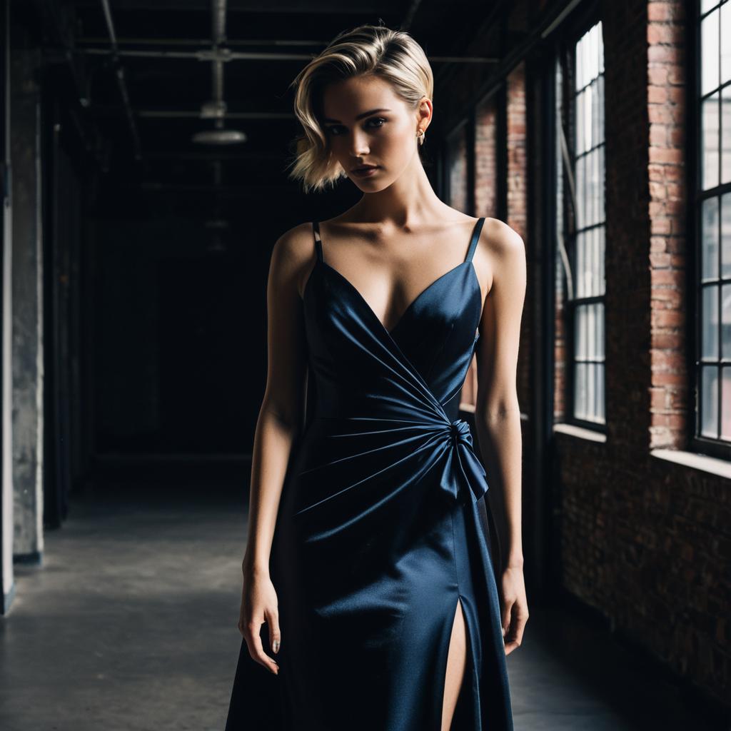 Elegant Woman in Dark Blue Satin Evening Gown in Industrial Setting