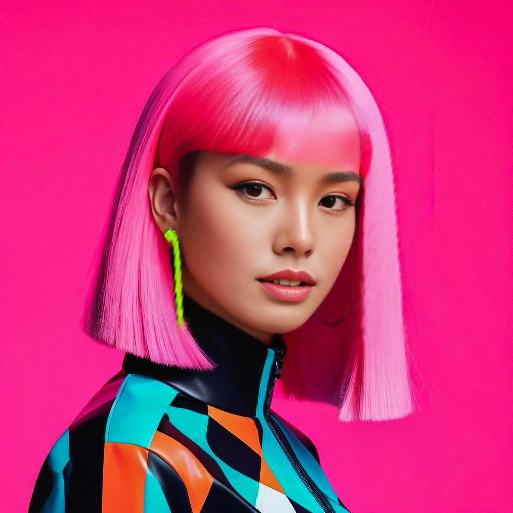 Vibrant Pink-Haired Woman in Geometric Outfit Vibrant Pink-Haired Woman in Geometric Outfit