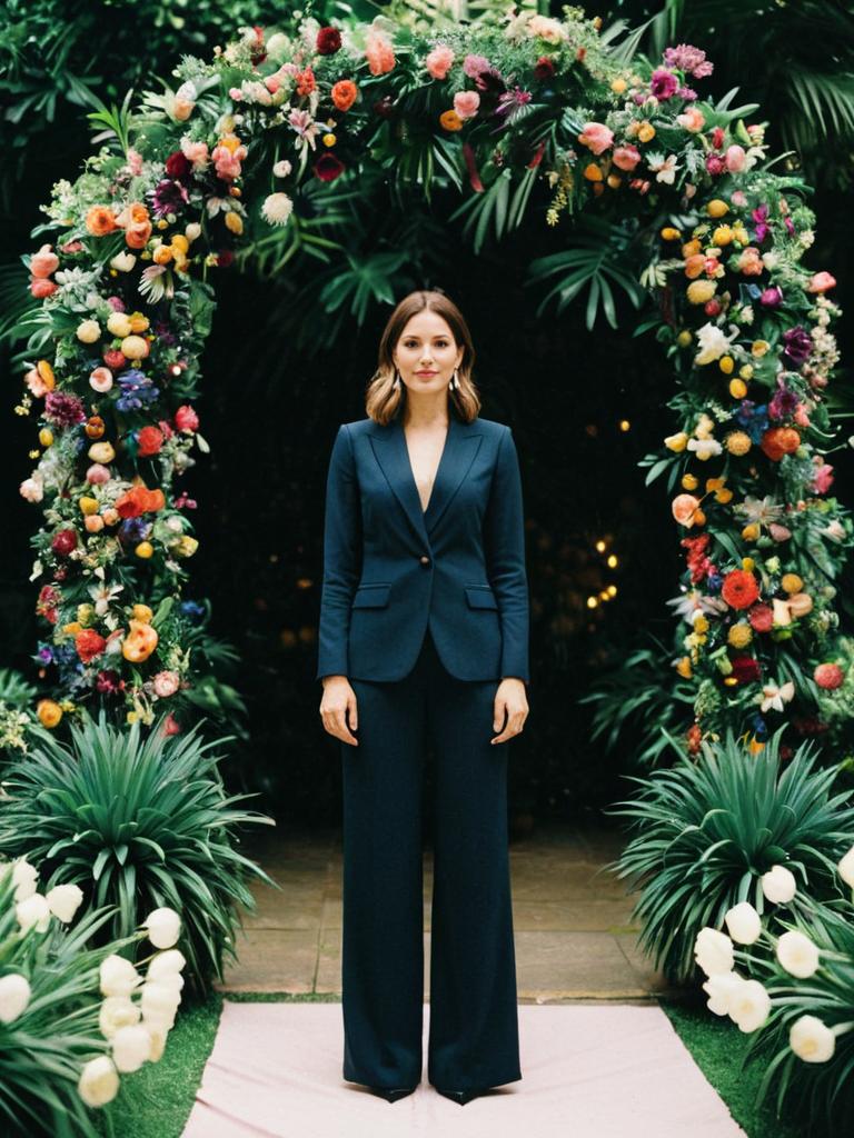 Woman in Navy Blue Suit Standing Under Floral Arch