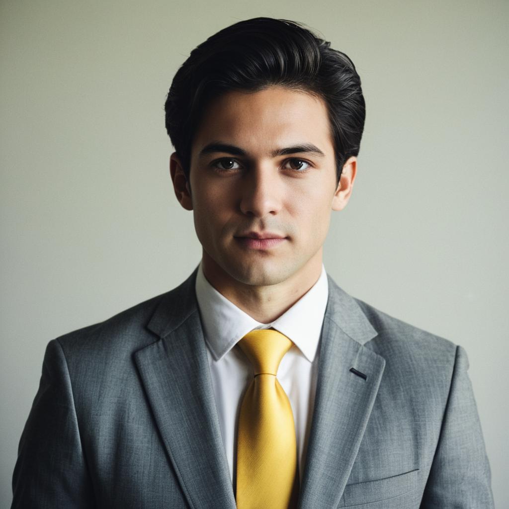 Young Man in Semi-Formal Gray Suit with Yellow Necktie