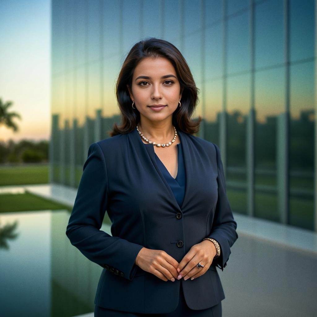 Confident Businesswoman in Formal Suit at Sunset