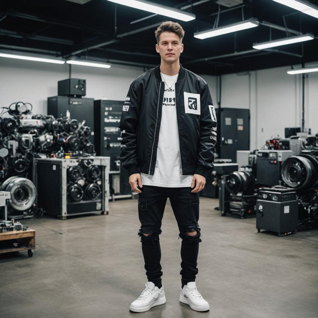 Confident Man in Warehouse with Camera Gear