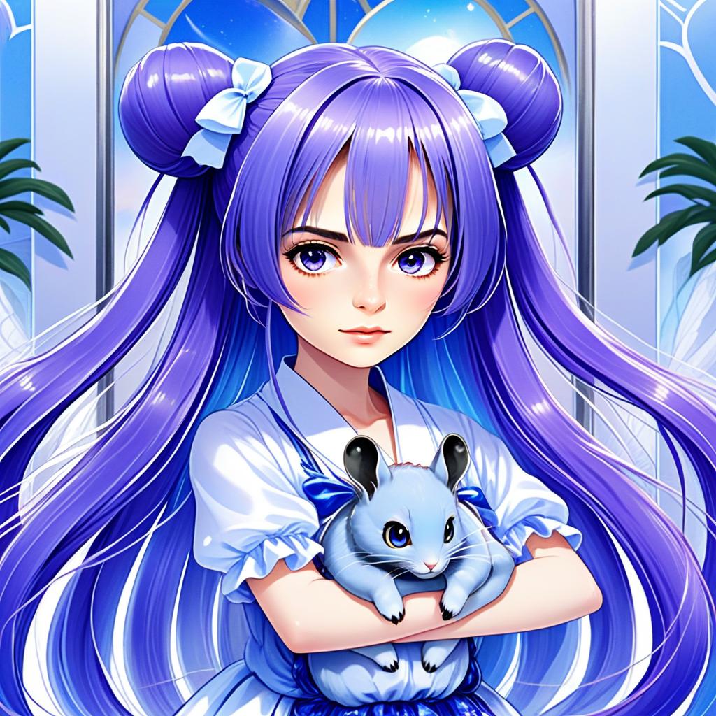 Anime Girl with Long Purple Hair Holding Cute Blue Hamster Digital Art
