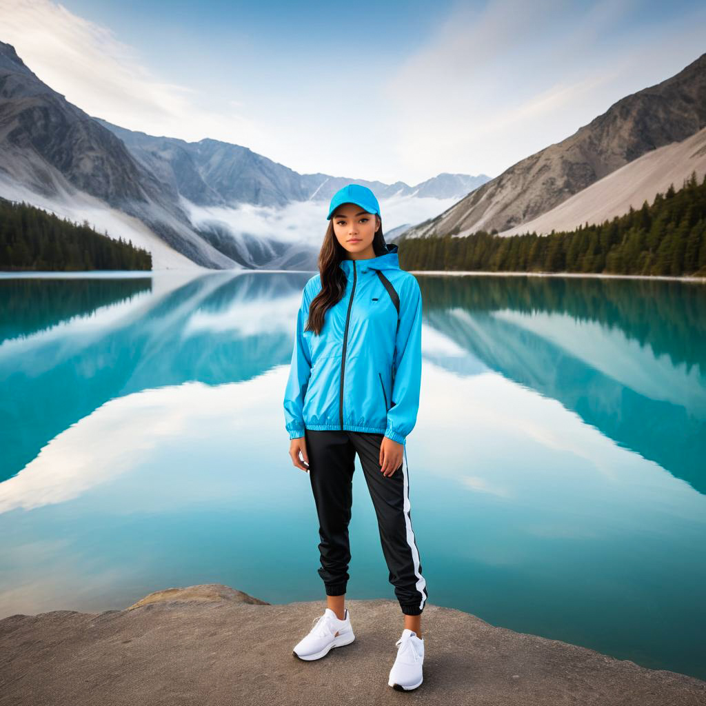 Young Woman at Blue Lake with Mountains