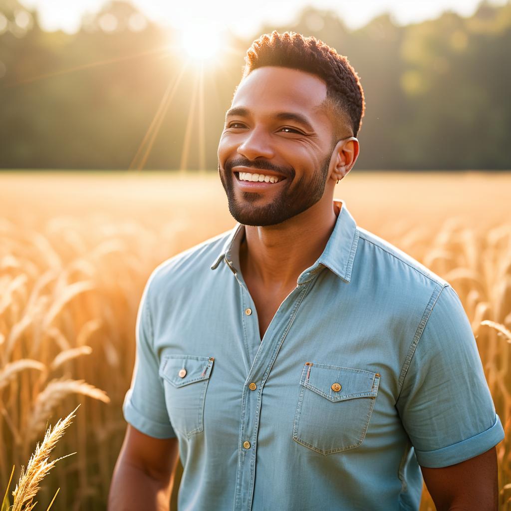 Smiling Man in Wheat Field at Sunset Smiling Man in Wheat Field at Sunset