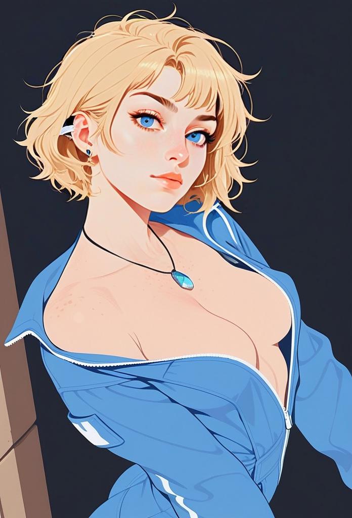Anime Style Digital Portrait of Blonde Woman in Blue Jacket