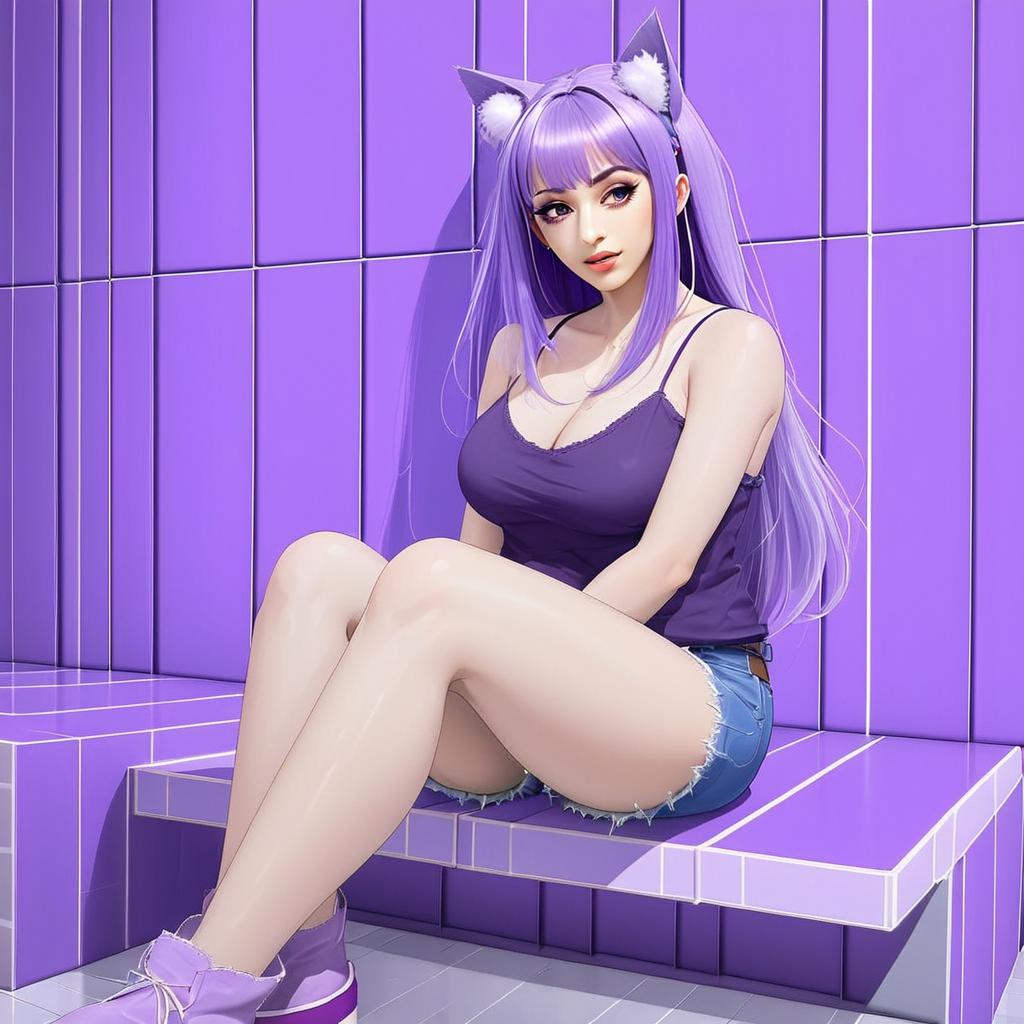 Anime Style Woman with Lavender Hair and Cat Ears Sitting on Purple Bench