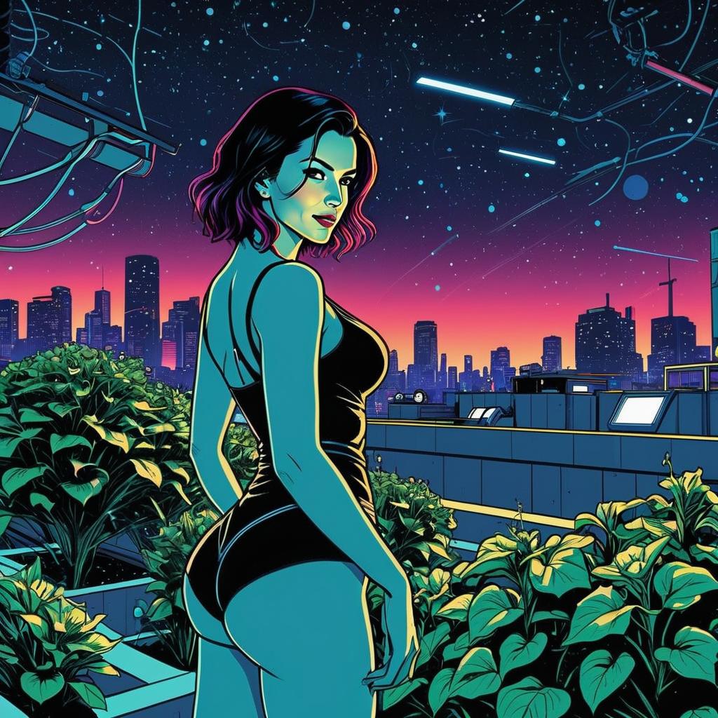 Cyberpunk Woman on Rooftop Garden with Futuristic Cityscape