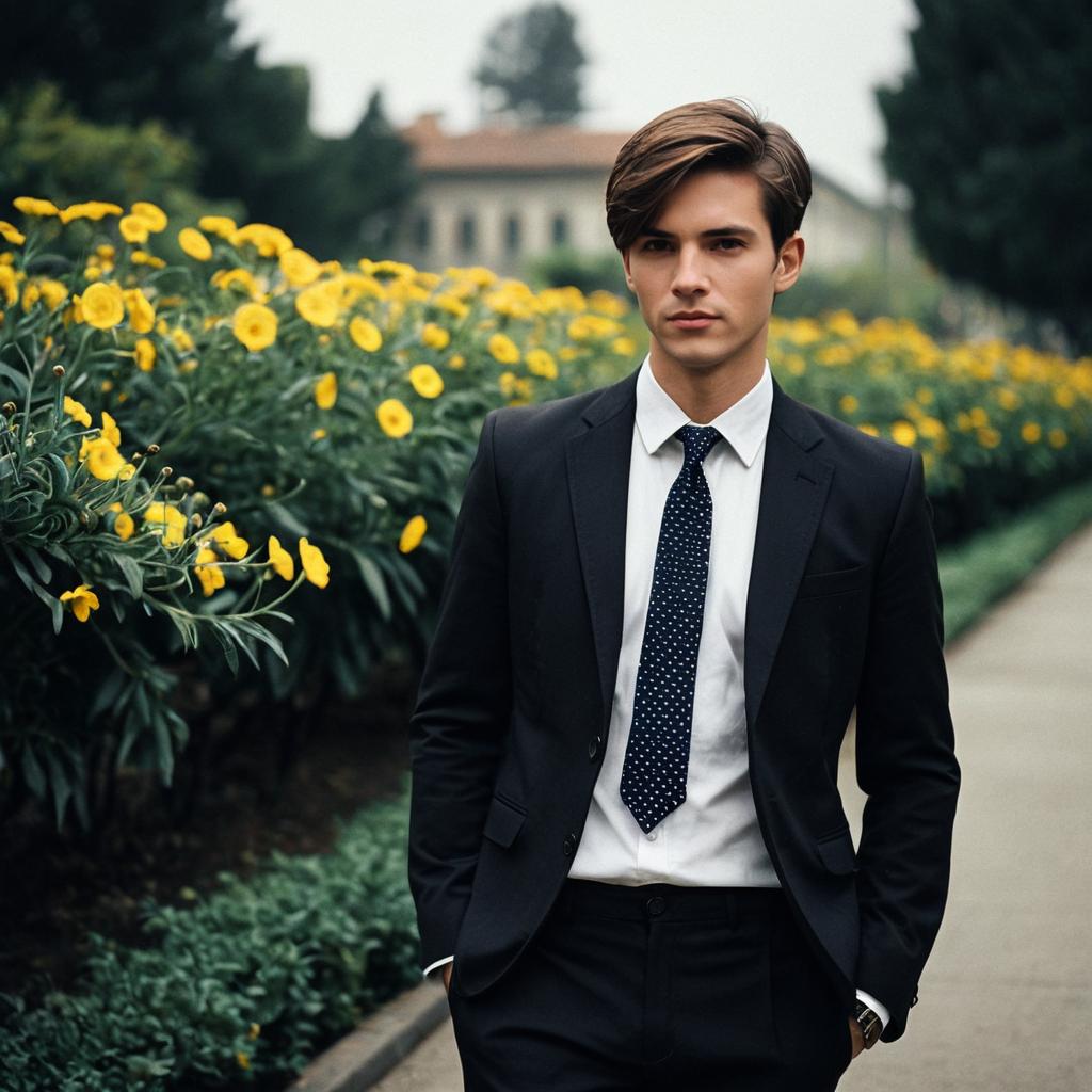 Stylish Young Man in Formal Suit with Yellow Flowers Stylish Young Man in Formal Suit with Yellow Flowers