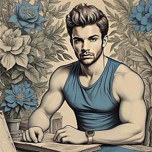 Muscular Man at Desk with Floral Patterns