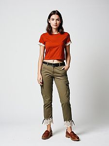 Young Woman Wearing Orange Cropped T-Shirt and Olive Cargo Pants with Lace Trim
