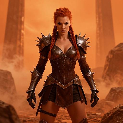 Warrior Woman in Spiked Armor with Red Braids in Desert Landscape