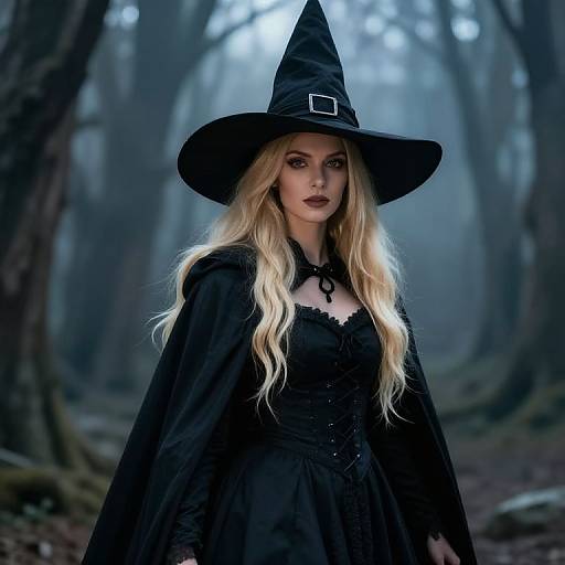 Mystical Witch Woman in Black Costume in Foggy Forest