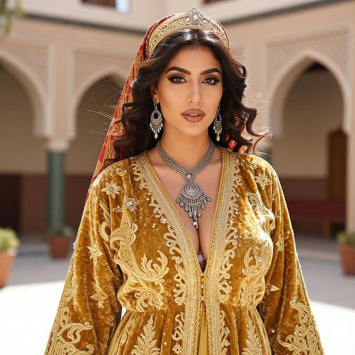 Elegant Woman in Traditional Embroidered Golden Velvet Dress with Silver Jewelry
